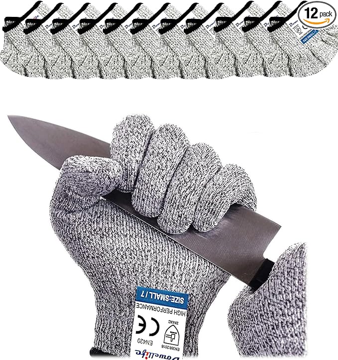 Dowellife Cut Resistant Gloves Food Grade Level 5 Protection, Safety Kitchen Cuts Gloves for Oyster Shucking, Fish Fillet Processing, Mandolin Slicing, Meat Cutting and Wood Carving (X-Large-12 Pairs)