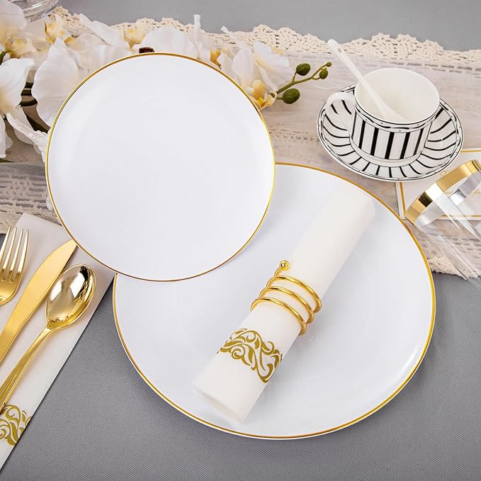 Disposable Plates Set, 350 Pieces, White with Gold Rim for 50 Guests