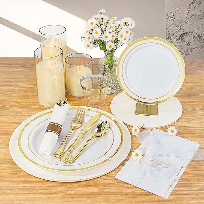 Plates with Gold Rims: 100 Dinner and Salad Plastic Plates