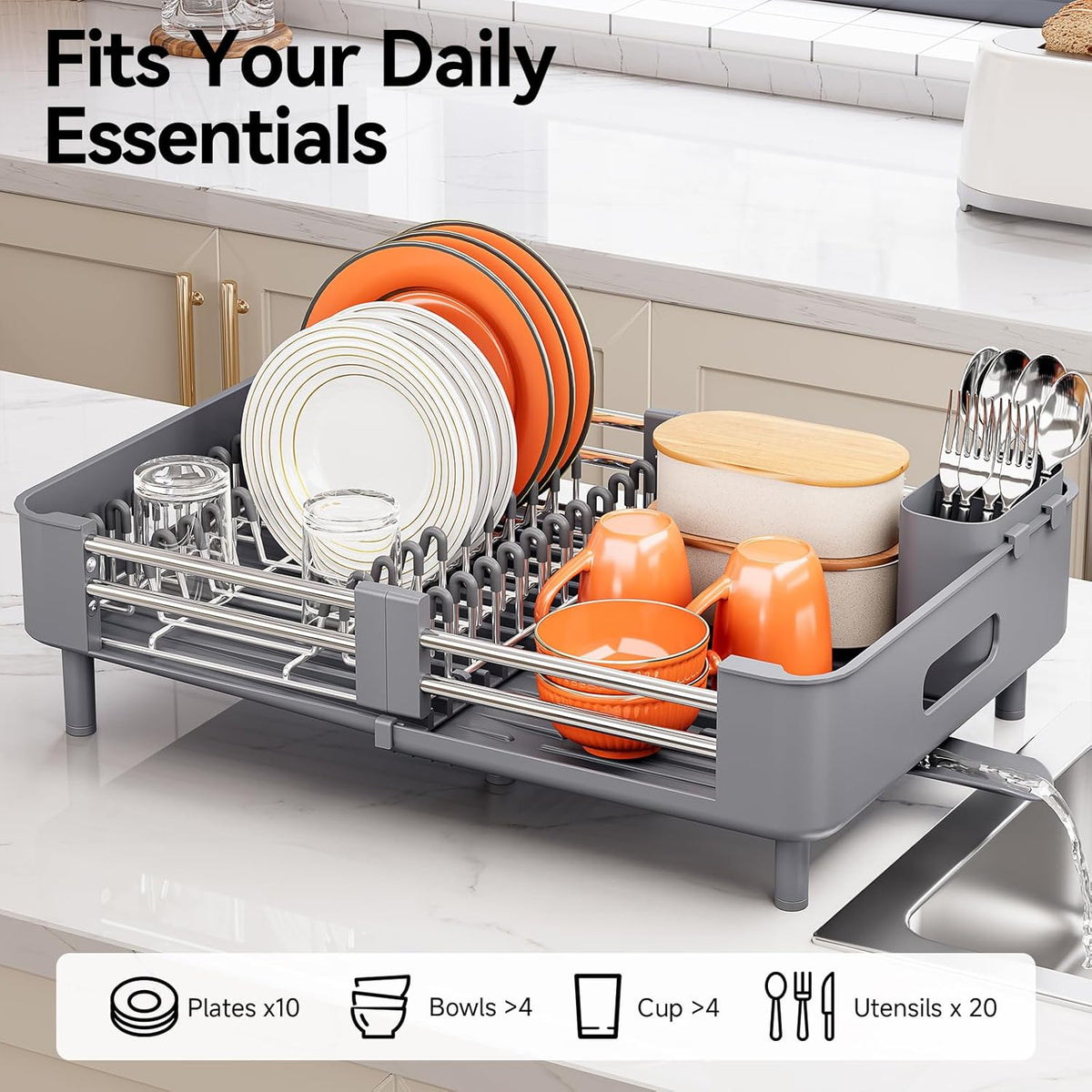 Extendable Stainless Dish Drying Rack for Kitchen Counter, Gray – detail