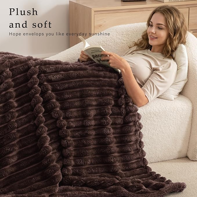 Throw Blanket in Coffee Striped Microfiber Fleece, 50 x 60 Inches