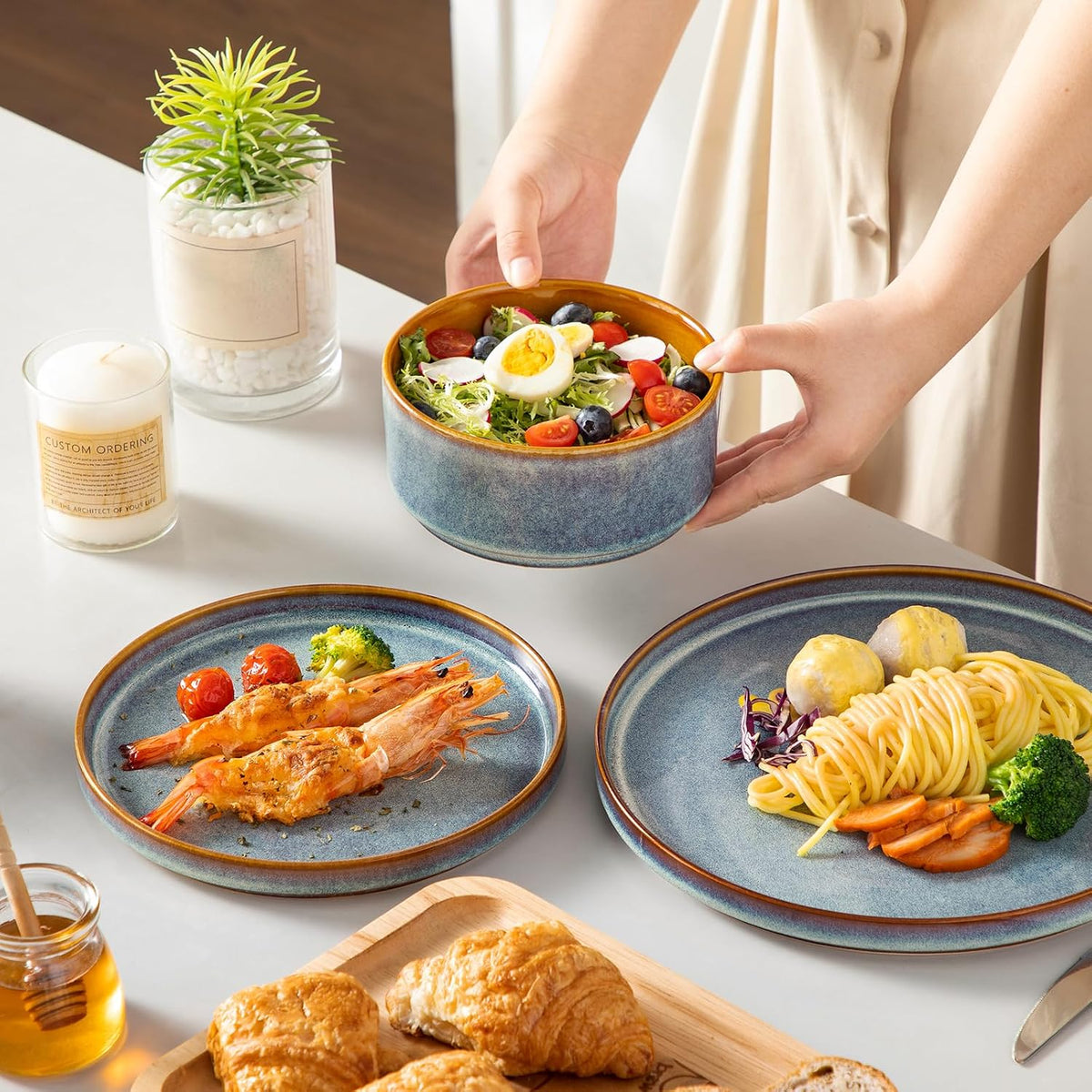 ONION Ceramic Plates and Bowls Sets for 4, 12 Pieces Stoneware Dinnerware Sets – size reference