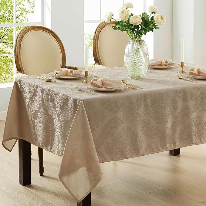 Newbridge Barcelona Luxury Damask Fabric Tablecloth, 60” Wide x 120” Rectangle, Golden Beige, 100% Polyester, No Iron, Soil Resistant Dining Room, Party and Banquet Table Cover