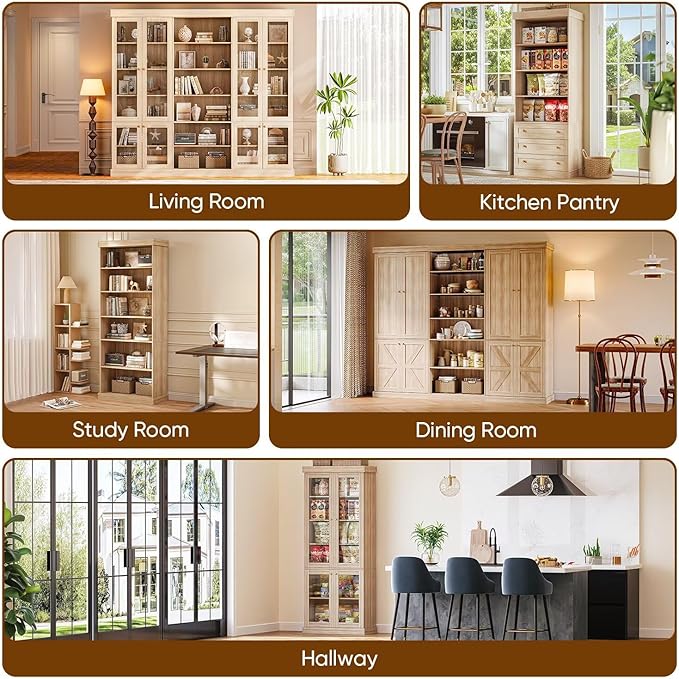 70.8" Tall Bookshelf with Doors, Farmhouse Modular Bookcase with 4-Tier Adjustable Shelves, Large Storage Cabinet for Home Office, Living Room, Brown, Set of 2