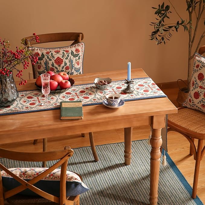 Table Runner, 12 x 102 Inch, Coffee Floral Polyester Linen Blend