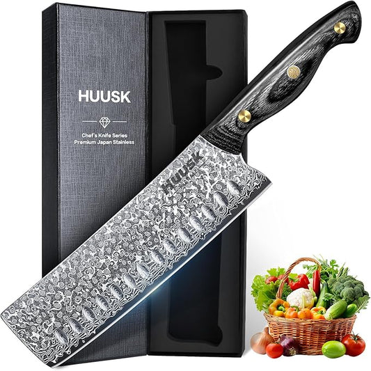 Huusk Damascus Nakiri Knife 7inch - Japanese Knives with Sharp Edge and Wooden Handle, Hand Forged Chef Knives for Home Use, Meat Vegetables Fish Knives, Birthday Dad Mom Gift