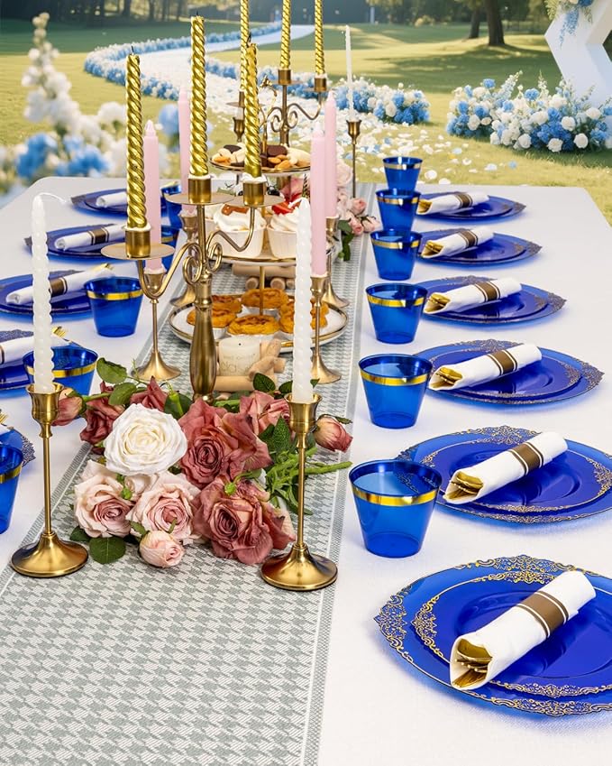 Clear Blue Plastic Plates Set, 350 Pieces for 50 Guests