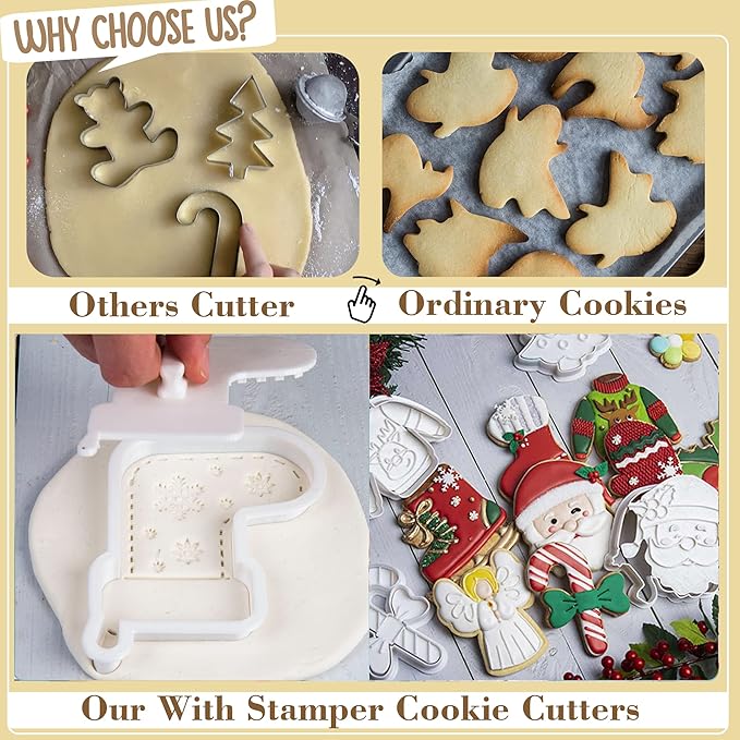 Flycalf Christmas Cookie Cutters Set of 6 with Stamper Stencil 3D Cake Decorating Pastry Kitchen Mold Supplies Holiday Birthday Party Biscuit Fondant Tools
