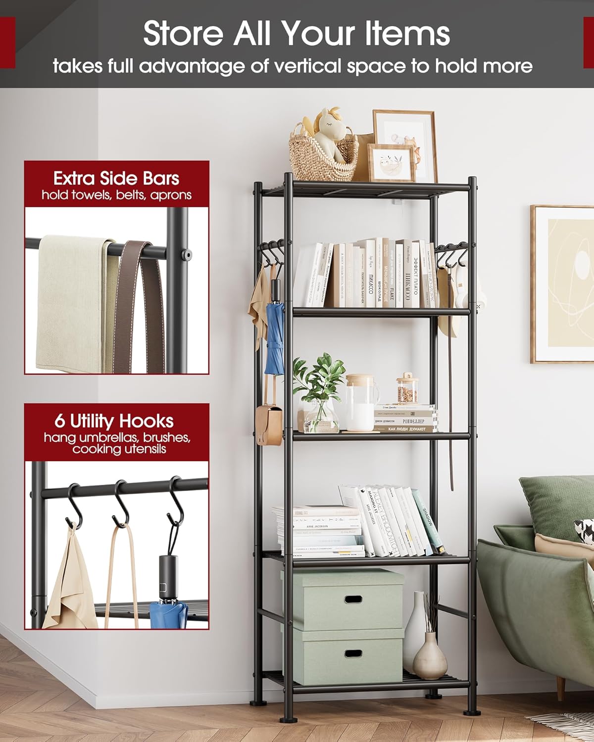 5-Tier Storage Shelves with Hooks, 18.1" x 12.4" x 56.8", Black – features