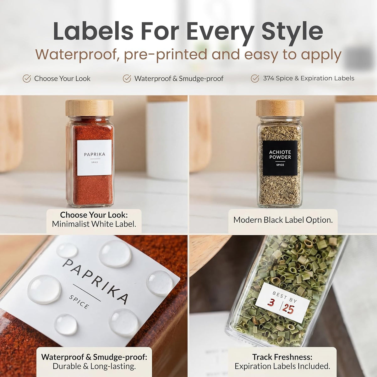 Glass Spice Jars with Label, 24PK Bamboo Jar Spices Set 4oz, 374 Spice Labels – features