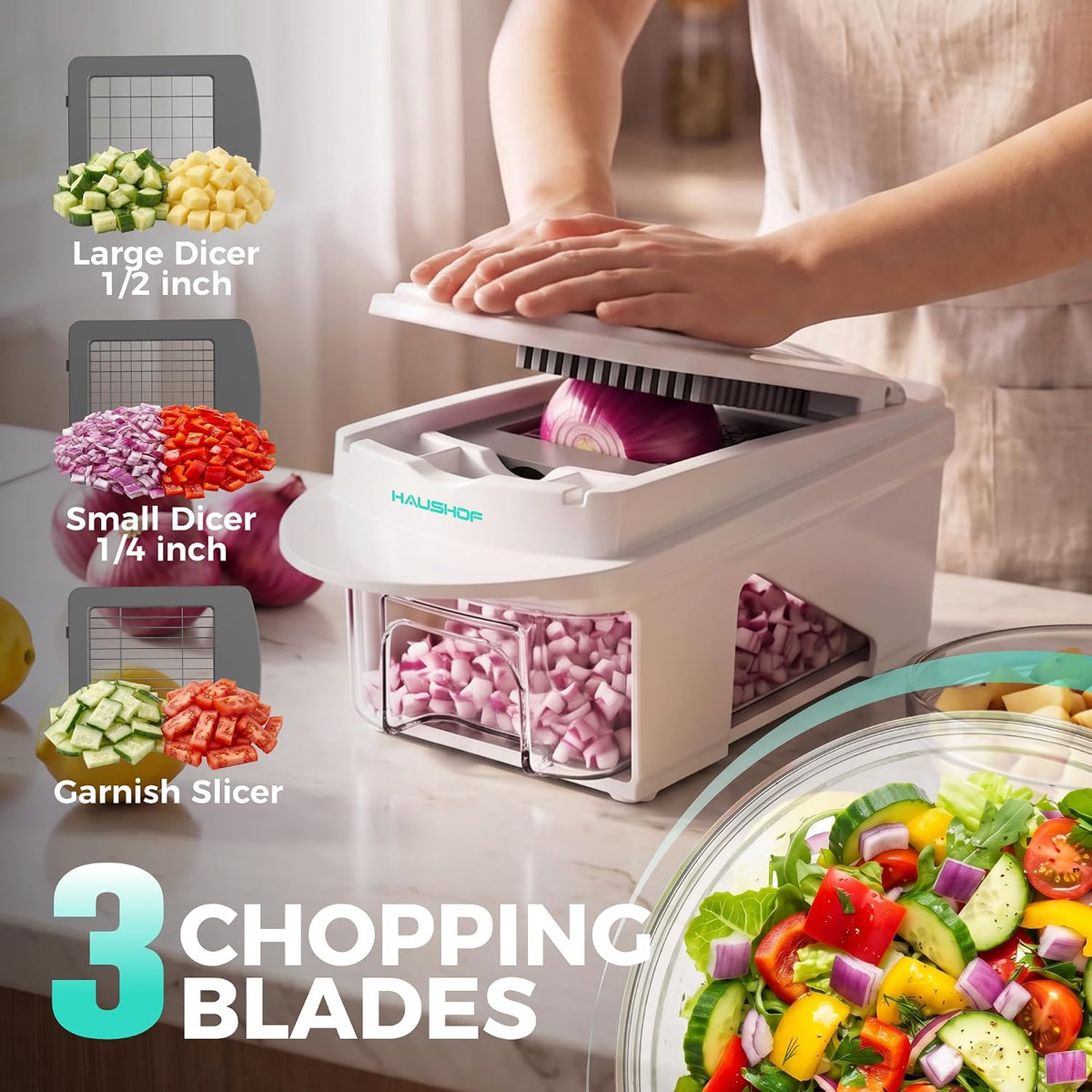 All-in-1 Vegetable Chopper and Mandoline Slicer,13 Blades – size reference