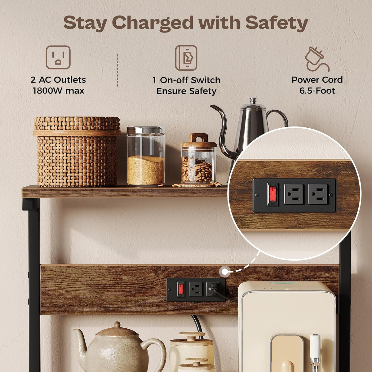 Kitchen Bakers Rack with Power Outlet, Coffee Bar Table 4 Tiers, Kitchen – alternate view