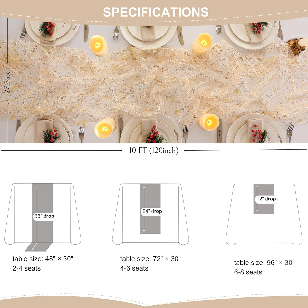 10 Pack 10ft Gold Table Runners, Sheer Chiffon Tulle Cheesecloth Sequin Glitter – size reference