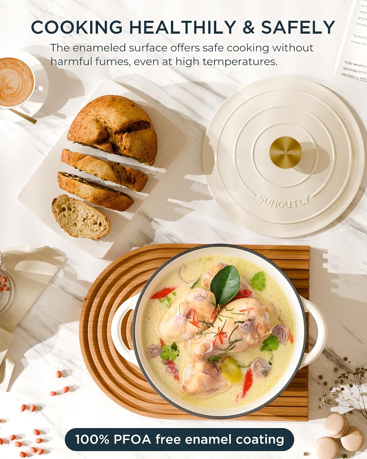 Enameled Cast Iron Dutch Oven, 6QT Pot with Lid, Cream White – detail