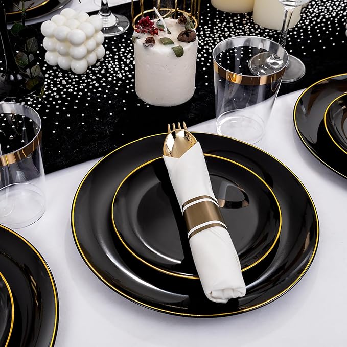 Plates: 9-Inch and 6.3-Inch Black Disposable Plastic Plates with Gold Rim