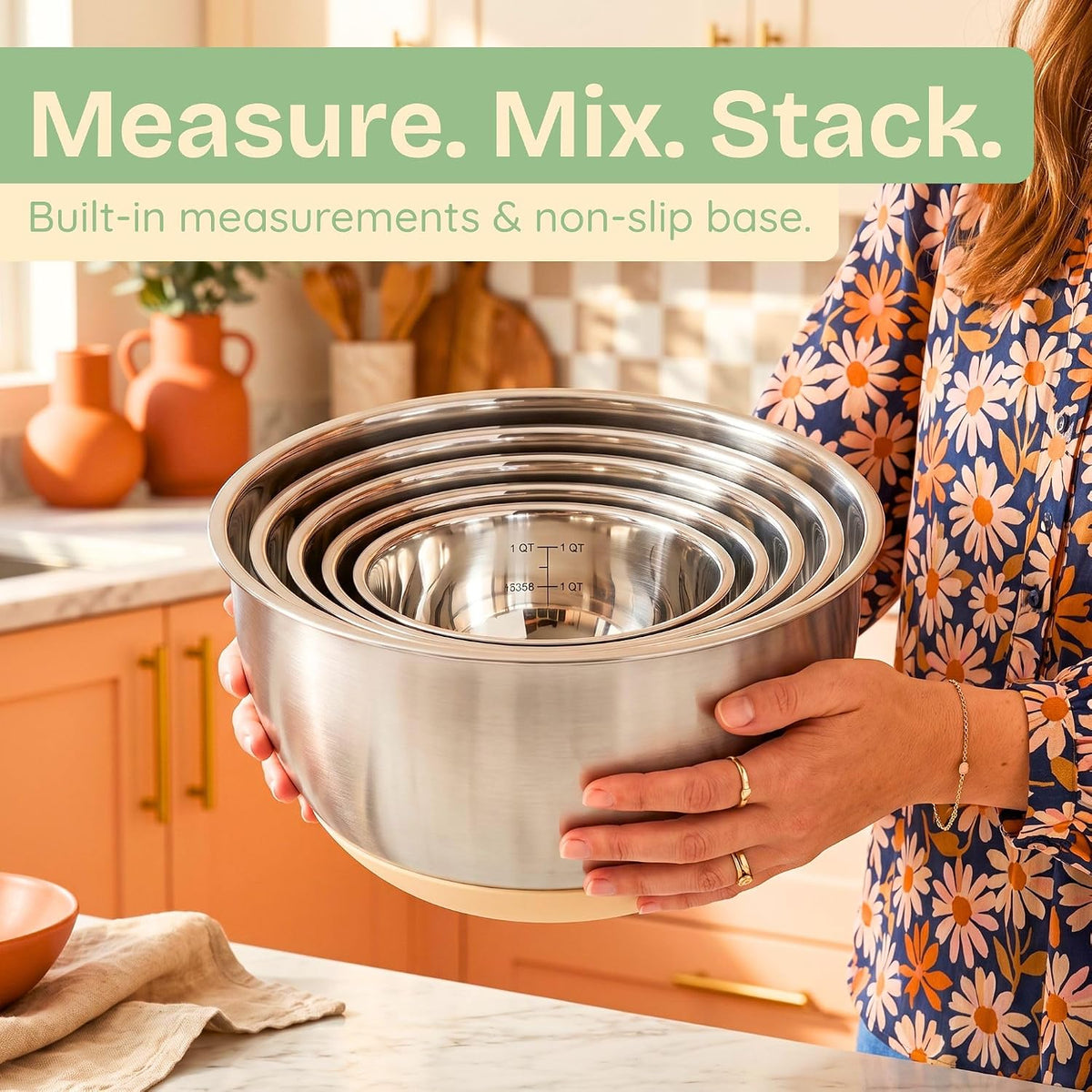 Non-Toxic Stainless Steel Mixing Bowls, Glass Lids, Plastic Free, 5-Pcs – size reference