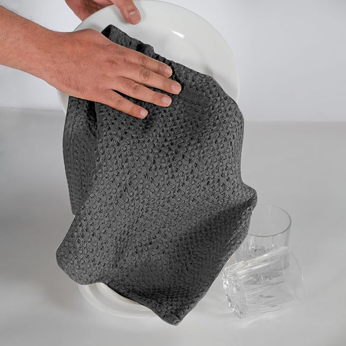 Dish Towels Set of 4, 100% Cotton Waffle Weave, 16 x 26 Inch, Grey