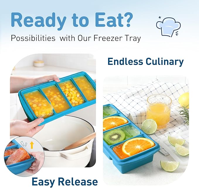 Silicone Freezer Tray with Lid Soup Freezer Container Molds with Steel Reinforced Rim for Freezing Soup Sauce Broth Leftovers large Ice Cube Molds Oven Dishwasher Safe Ice Trays for Freezer with Bin
