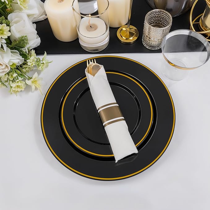 Plastic Party Plates Set in Black and Gold, 175 Pieces for 25 Guests