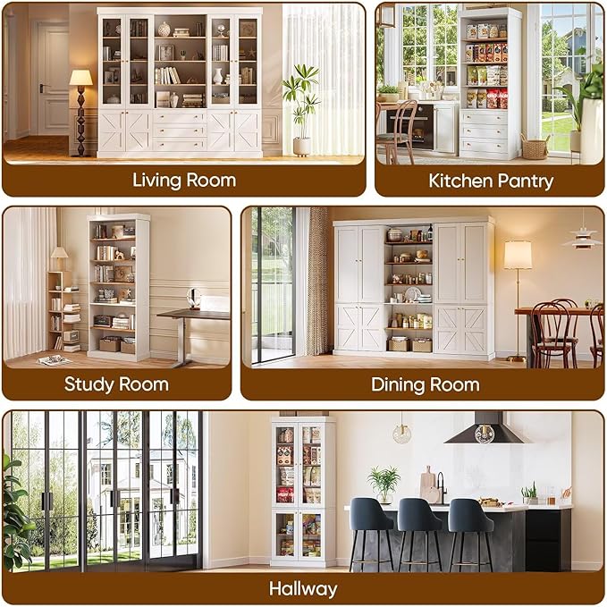 70.8" Tall Farmhouse Kitchen Pantry Cabinet with Glass Doors, Modular Wooden Storage Cabinet with 6-Tier Adjustable Shelves, Hutch for Kitchen or Living Room, White, Set of 2