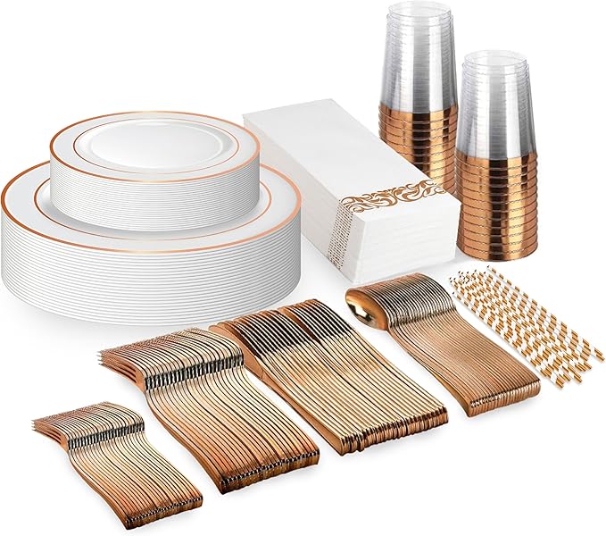Plastic Dinnerware Set, Rose Gold Rim, 225 Pieces for 25 Guests