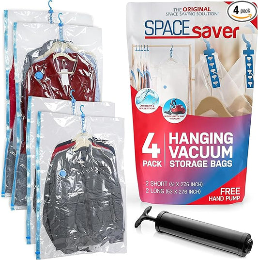 4 Pack Hanging Vacuum Storage Bags for Jackets, Clothes, Suits and Dresses – Vacuum Sealed Compression Bags with Hand Pump – Space Saver Storage Bags for Moving, Travel & Organization (2S & 2L)