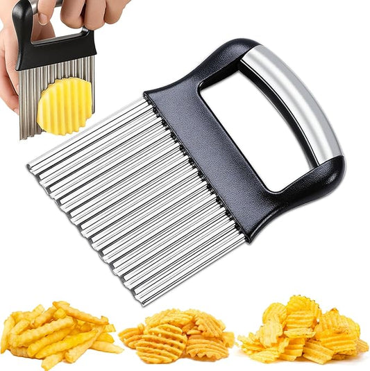 FANTEXY Crinkle Cutter for Veggies, Stainless Steel French Fry Cutter for Potatoes, Cucumbers, Carrots - Wavy Chopper, Waffle Fry Maker