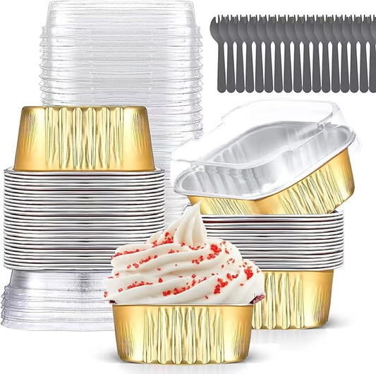 Mini Cake Pans With Lids (10oz,40 Pack) Aluminum Foil Square Cupcake Liners Brownie Baking Cups,Disposable 4”x4” Large Cupcake Pan,Jumbo Muffin Tin Ramekins Holders