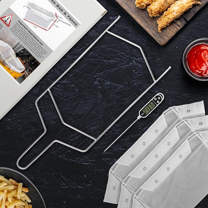 Fryer Filter Bag & Frame Set, Reusable Oil Strainer for 70 lb Cooking Oil, Fine Mesh to Capture Crumbs, Durable for Home & Commercial Use, with 1 Professional Food Thermometer