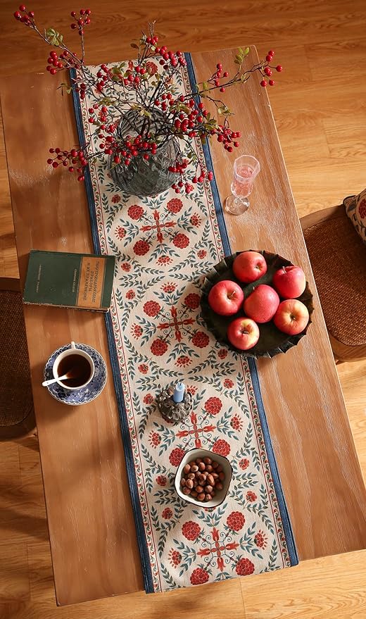 Table Runner, Floral Polyester Linen Blend, 12 x 71 Inch, Coffee