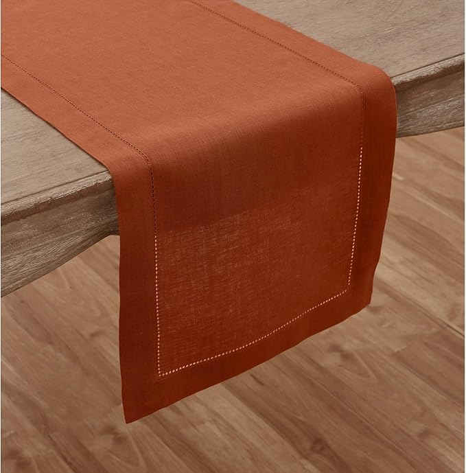 Table Runner, Cinnamon 100% Flax Linen with Hemstitch, 14 x 48 Inch