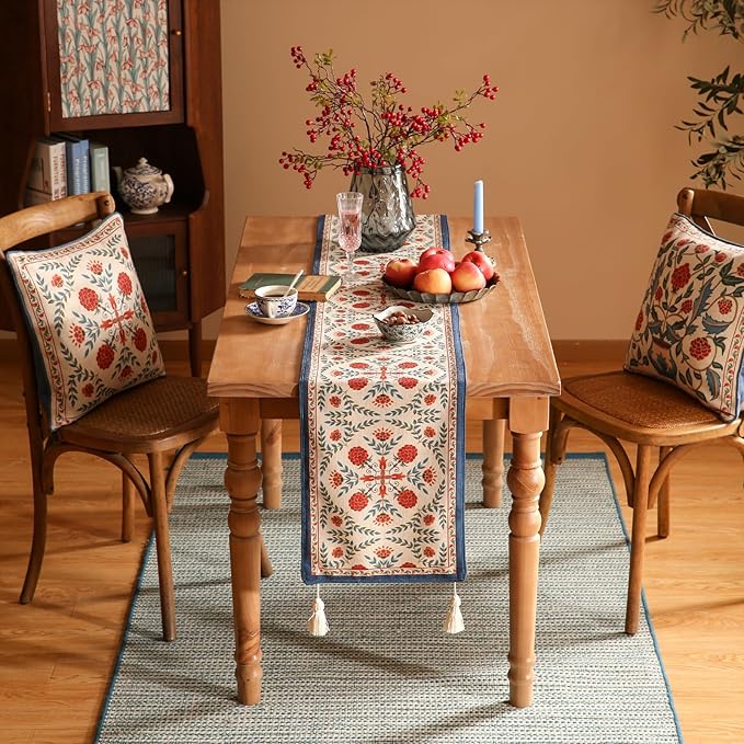 Floral Table Runner in Coffee, 12 x 87 Inch Linen-Blend