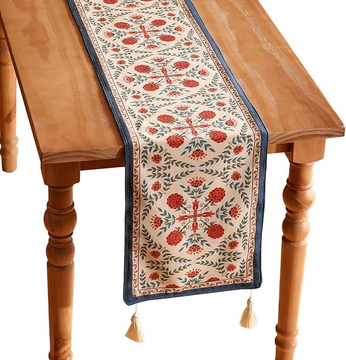Table Runner, Floral Polyester Linen Blend, 12 x 71 Inch, Coffee