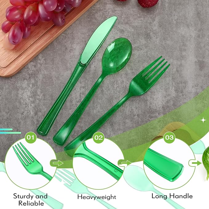 Minatee 150 Pieces Disposable Cutlery Set Plastic Silverware Heavy Duty Utensil Sets 50 Forks 50 Knives 50 Spoons for Home Office School Party Picnics Restaurant Outdoor Events(Green)