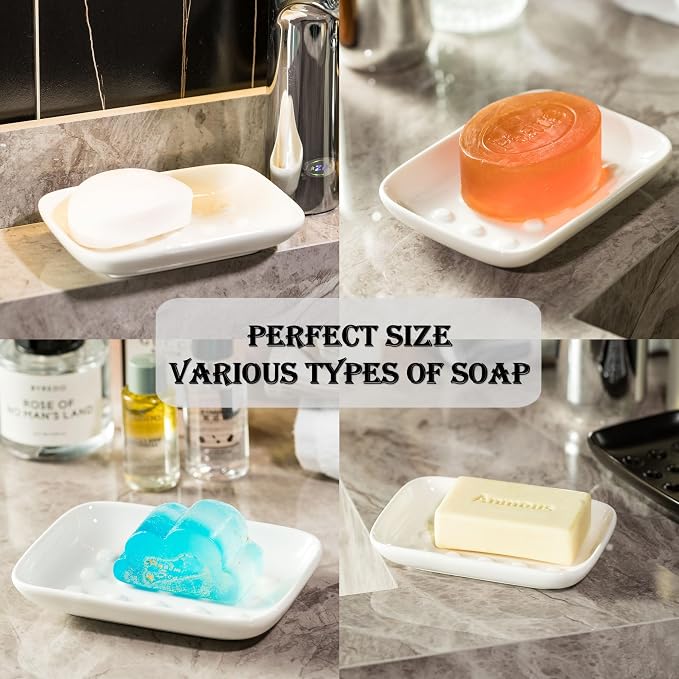 Soap Dish, White Ceramic with Drainage Points for Bar Soap