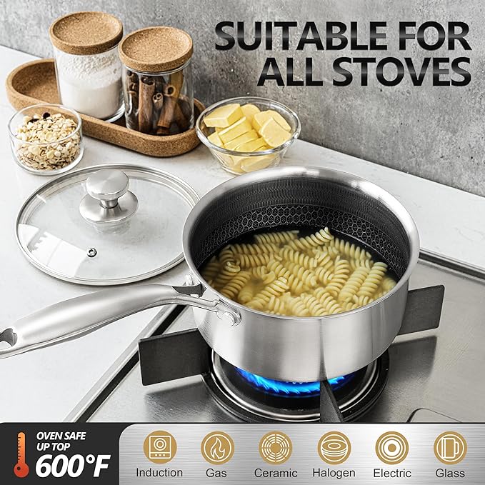 MICHELANGELO Stainless Steel Saucepan Set 1QT & 2QT, Premium Triple Ply Sauce Pan with Lid, Sauce Pot with Honeycomb Interior - 4pcs