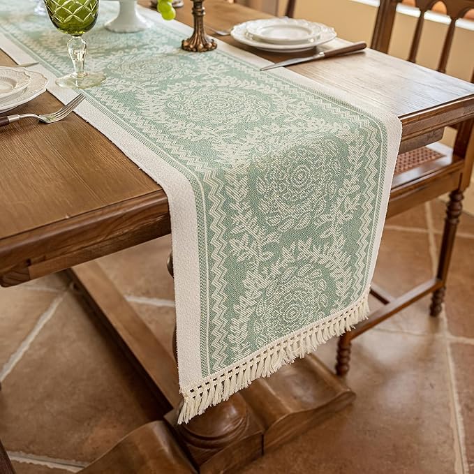 Table Runner 14 x 83 Inch Green Polyester Boho Style with Fringe Trim