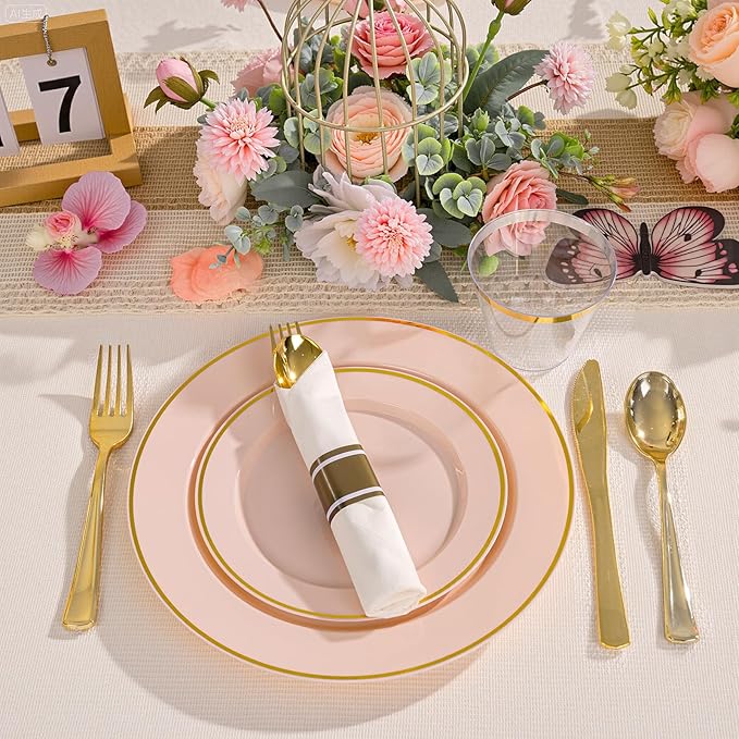 Plates Set, Pink Disposable Plastic with Gold Rim and Heart Pattern