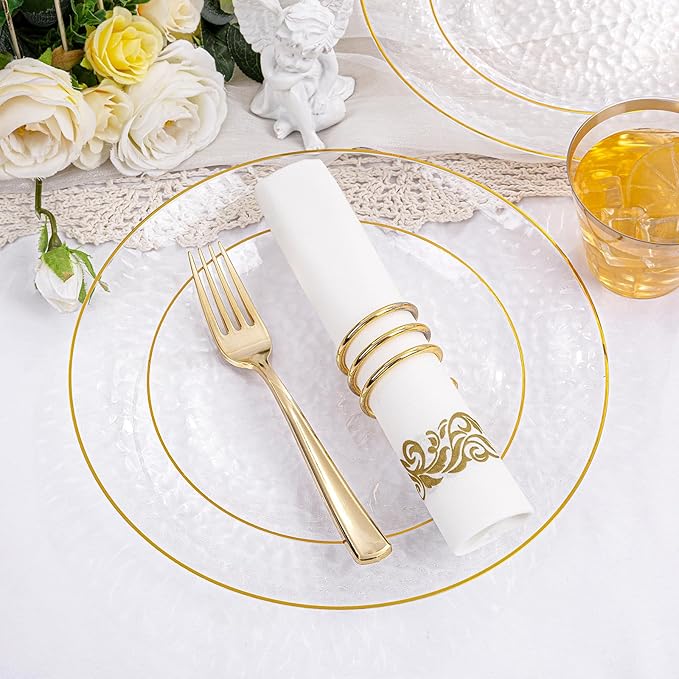 Plates Set for 25 Guests, Clear Gold Plastic Disposable Dinnerware