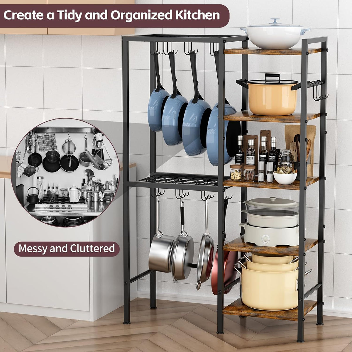 5-Tier Pot and Pan Organizer Rack with Hooks, Heavy-Duty Kitchen Storage Shelf – detail