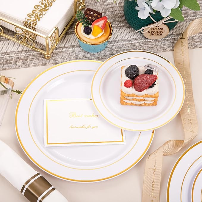 Plates Set, White and Gold Disposable Dinnerware for 50 Guests