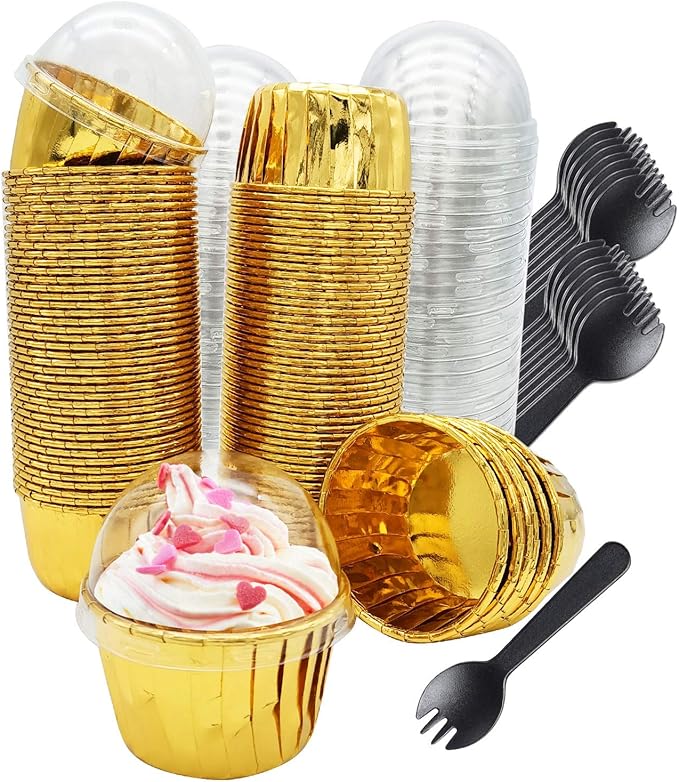Baking Cups with Lids, Gold Foil Mini Cupcake Liners, 100 Count