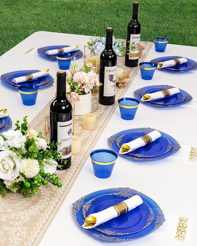Clear Blue Plastic Plates Set, 350 Pieces for 50 Guests
