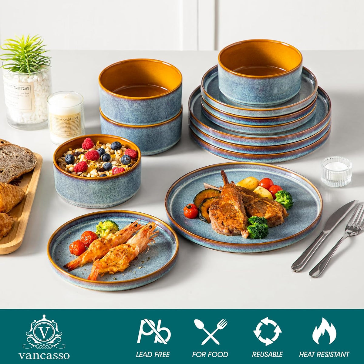 ONION Ceramic Plates and Bowls Sets for 4, 12 Pieces Stoneware Dinnerware Sets – close-up