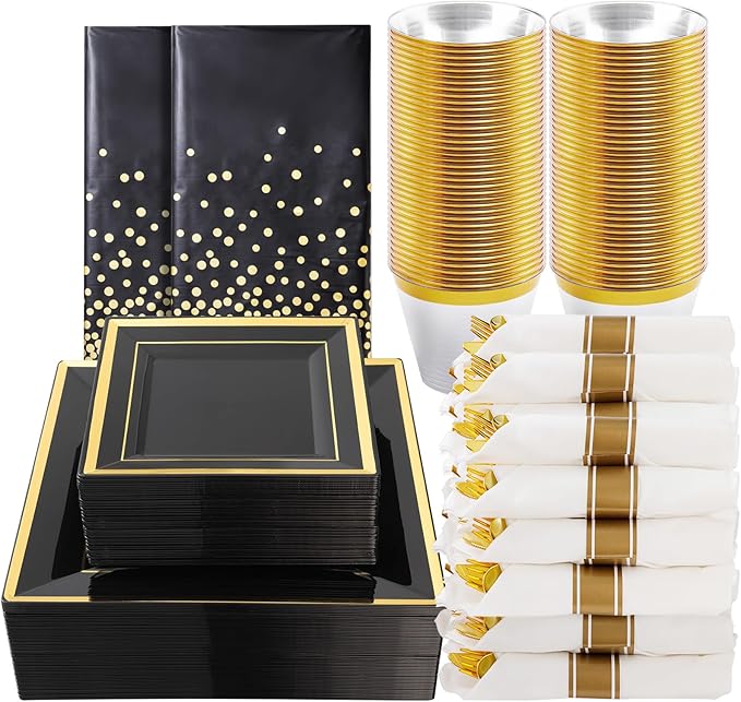 Party Plates Set, 352 Pieces in Black Plastic with Gold Rim