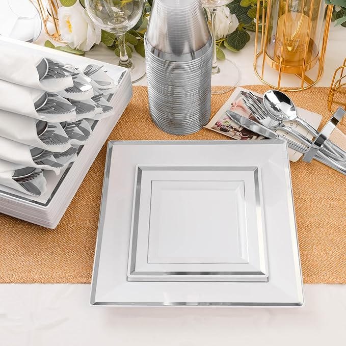 Plates Set, Square Silver Plastic Party Dinnerware for 50 Guests