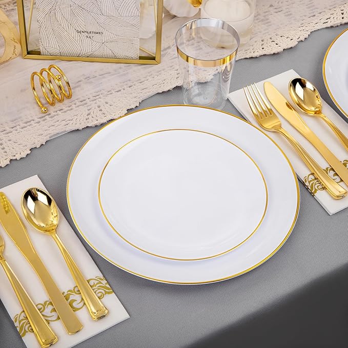 Disposable Plates Set, 350 Pieces, White with Gold Rim for 50 Guests