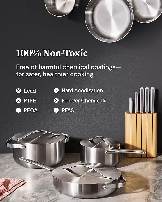 Caraway Stainless Steel Fry Pan (2.7 qt, 10.5") - 5-Ply Stainless Steel Pan - Oven Safe & Stovetop Agnostic - Non Toxic, PTFE & PFOA Free