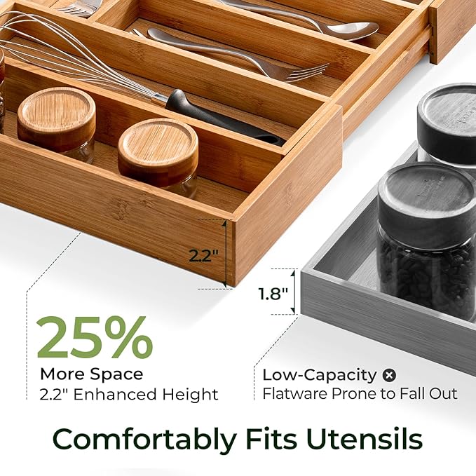 Flatware Organizer, Expandable Bamboo Drawer Tray with 10 Compartments