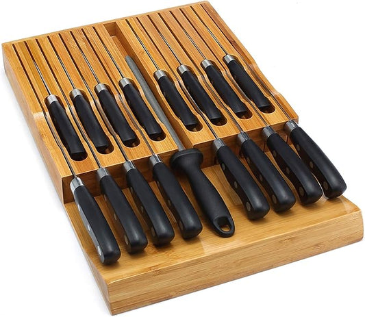 VaeFae In-Drawer Knife Block,Bamboo Knife Drawer Organizer Insert, Kitchen Knife Drawer Storage for 16 Knives PLUS a Slot for your Knife Sharpener (Without Knives)